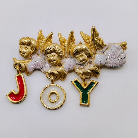 Signed Danecraft Vintage 1990s Gold Tone Enamel Christmas Angels Joy Pin Brooch - Picture 2 of 5